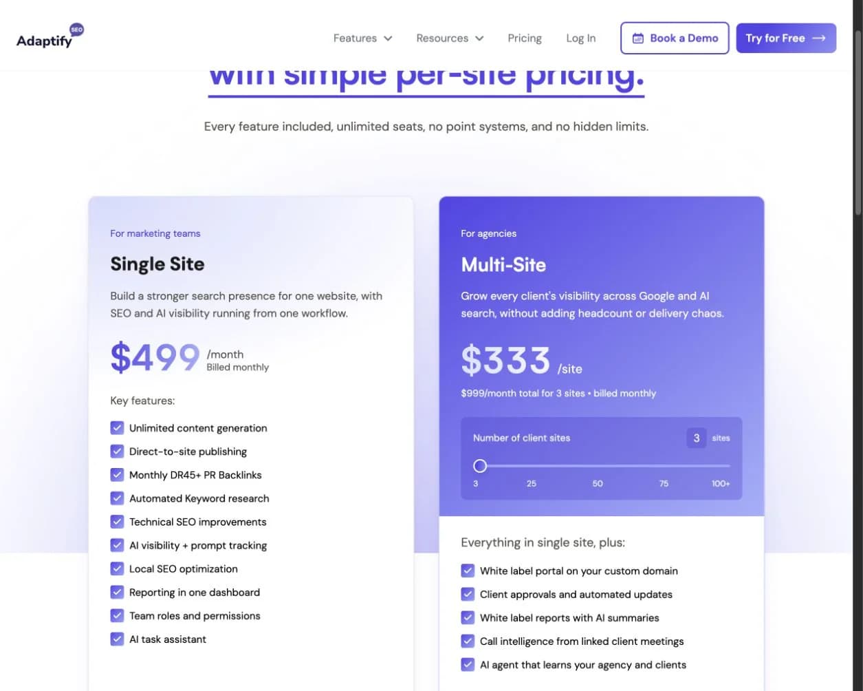 Adaptify pricing page showing $499 single-site and $333 per-site agency plans
