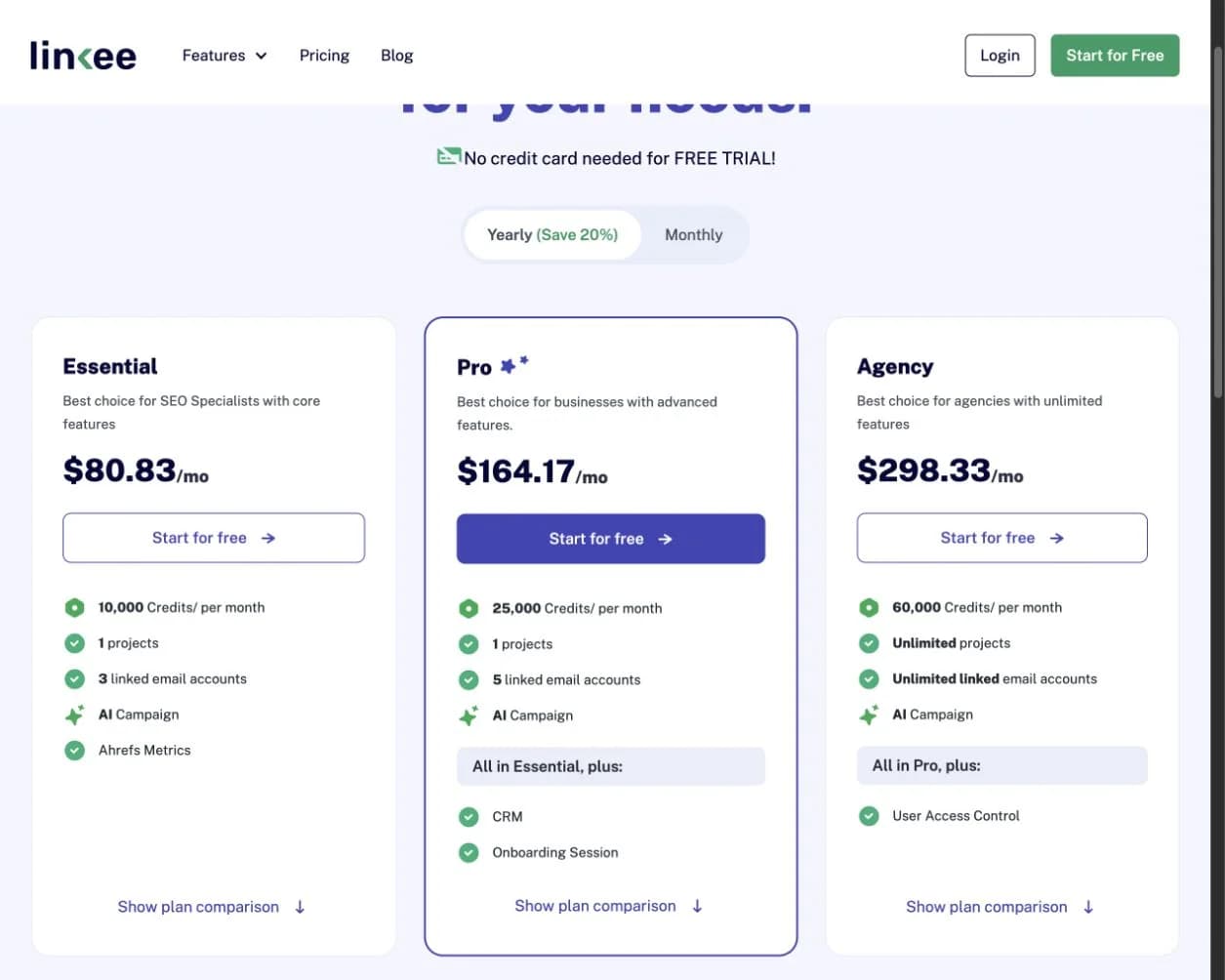 Linkee annual pricing page showing Essential, Pro, and Agency plans