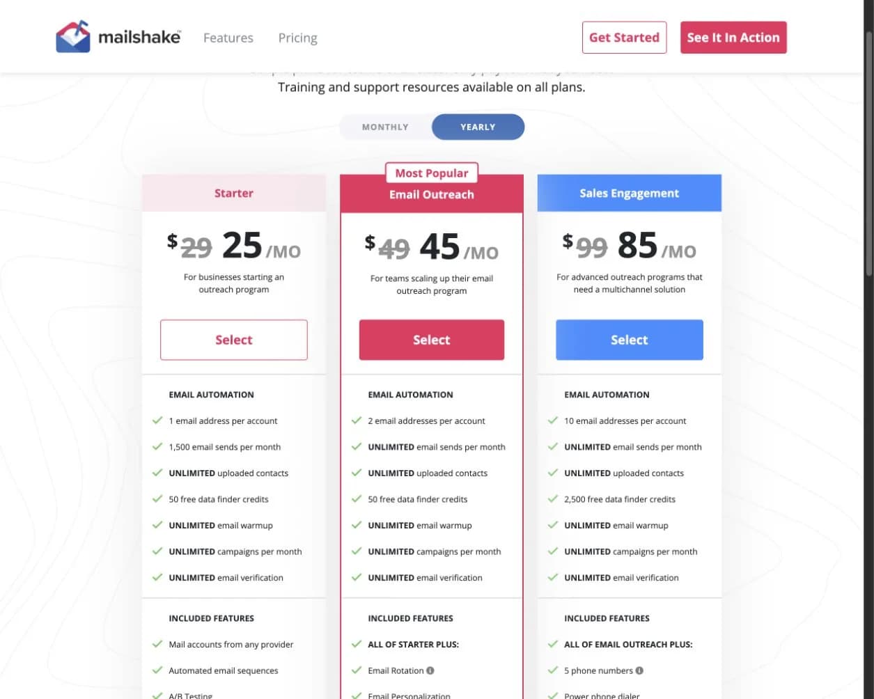 Mailshake pricing page showing Starter, Email Outreach, and Sales Engagement plans