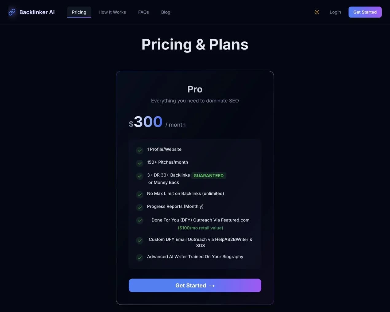 Backlinker AI pricing page showing the $300 Pro plan and stated backlink guarantee