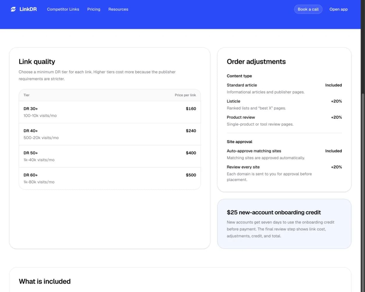 LinkDR pricing page showing backlink prices by DR tier and 20 percent order add-ons